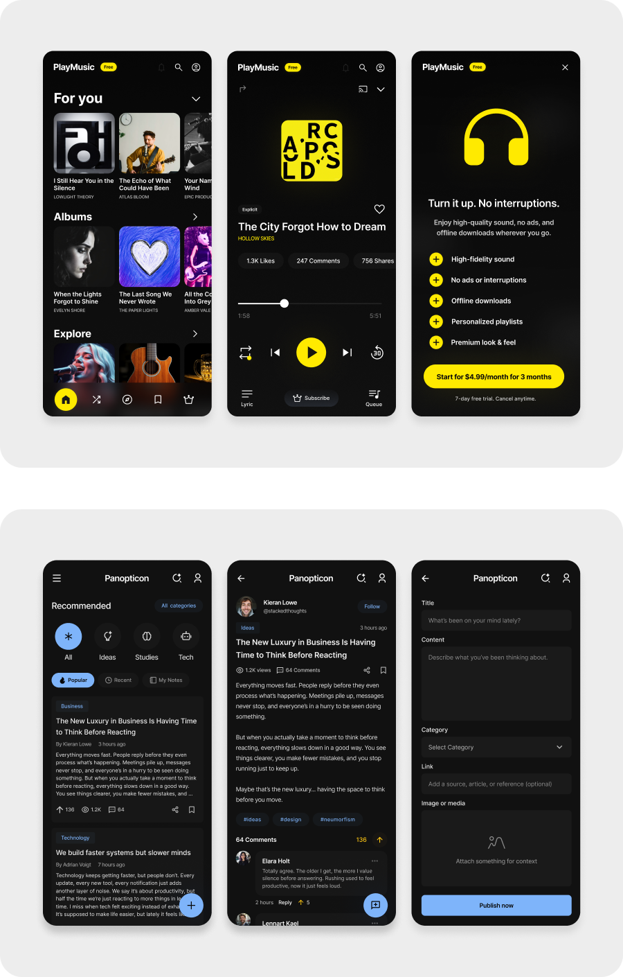 PlayMusic & Panopticon Mobile App Interface Design, Music, and Social Media.